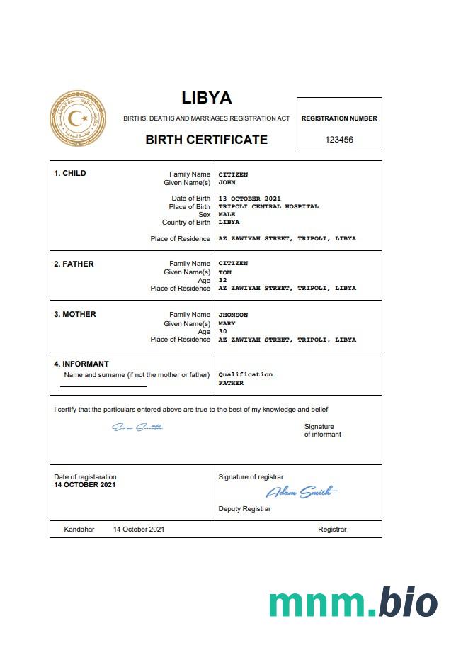 Libya narodziny certyfikat Word i PDF szablon